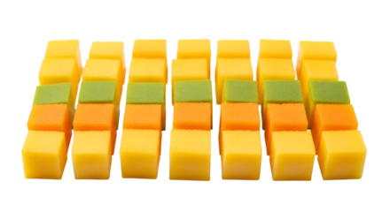 Rows of cheese cubes in different colors isolated on transparent background