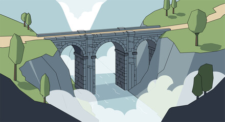 Fototapeta premium Scenic bridge over misty gorge in minimalist style