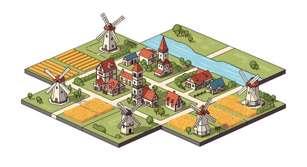 Isometric village with windmills and fields in a scenic landscape design