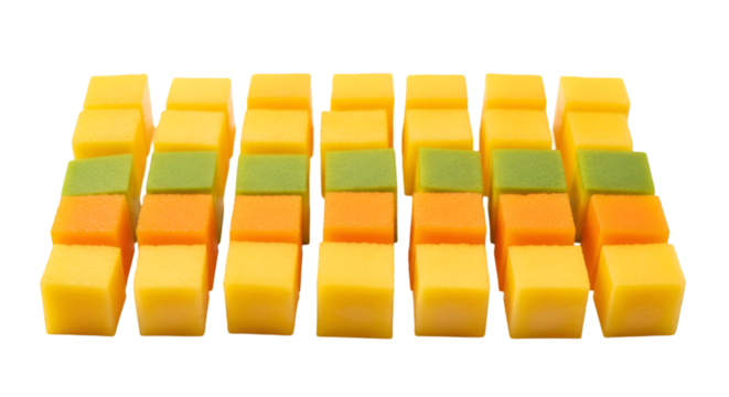 Rows of cheese cubes in different colors isolated on transparent background