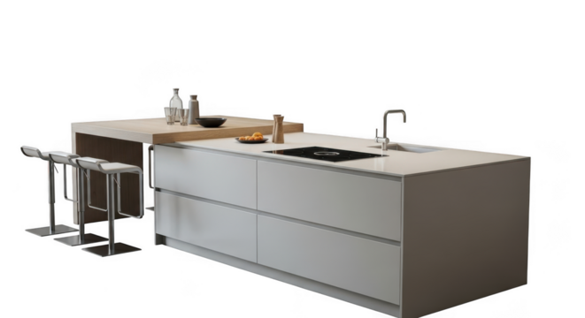 Modern white kitchen island with bar stools and integrated appliances