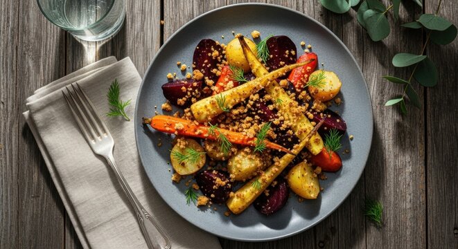 Gourmet roasted root vegetables on a ceramic plate. Healthy vegetarian dinner concept. Rustic farm to table meal with carrots beets and potatoes. Top view of a culinary dish