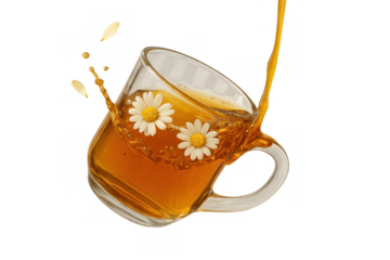 Chamomile tea pouring into a tilted glass mug, creating a dynamic splash with floating flowers and falling petals