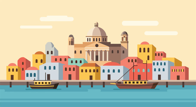 Colorful mediterranean townscape with boats and historic architecture in flat design