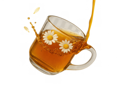 Chamomile tea pouring into a tilted glass mug, creating a dynamic splash with floating flowers and falling petals