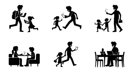 Father and Daughter Running While Looking at Their Mobile Phone with Backpack Flat Vector Icon Silhouette Design Isolated on White Background, Happy Smiling Girl Chasing Dad with Device
