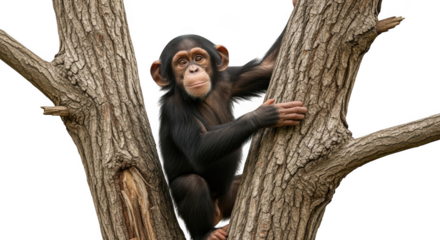 Chimpanzee clinging to a tree trunk with a dark background