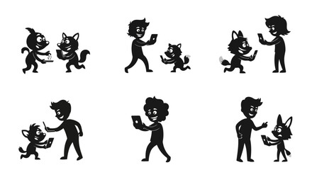 Obraz premium Monkey and Wolf Characters Having Communication Fun in Black and White Vector Isolated on White Background Illustration Flat Design Style for Media Production