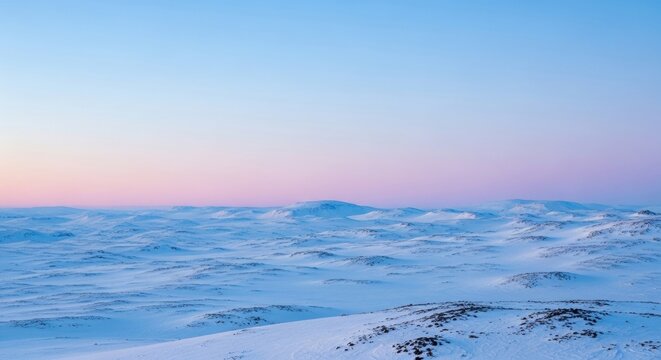 Vast arctic tundra landscape with snow covered hills. Serene polar wilderness at dawn. Minimalist winter scenery with a pastel gradient sky. Remote northern nature for exploration concepts - Powered by Adobe