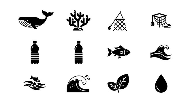 Ocean conservation icons: marine life, pollution, and sustainability designs