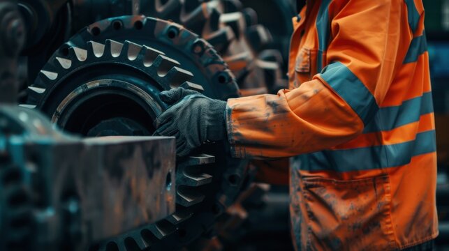 A worker in an orange safety jacket and gloves operates machinery in an industrial setting. The focus is on the gear and the worker's hands.