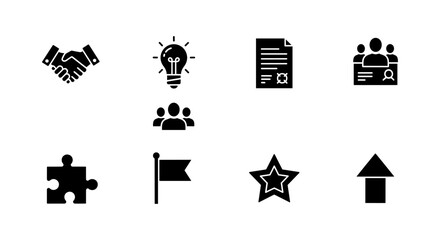 Business icon set: collaboration, innovation, growth, teamwork, and achievement symbols