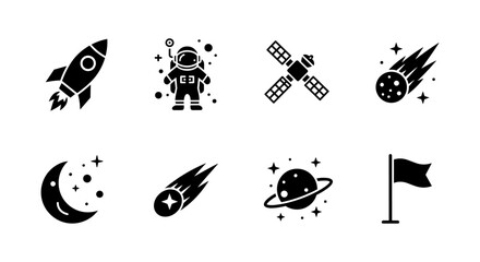 Space exploration icons set featuring rocket, astronaut, and celestial bodies in silhouette style