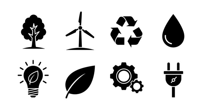 Black silhouette icons of sustainable energy and environment elements
