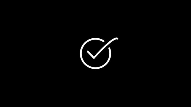 Minimalist white check mark icon animated on a black background for success approval confirmation. Simple checkmark animation symbolizing confirmation, achievement, and project success