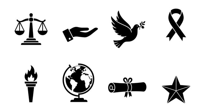 Elegant silhouette icons of justice, peace, awareness, and education