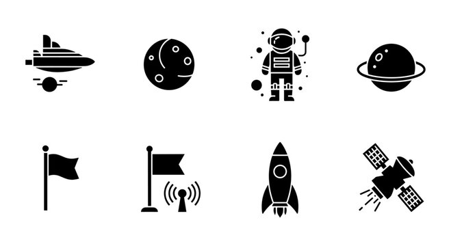 Space icons set: rocket, astronaut, satellite, moon, planet, orbit - silhouette style