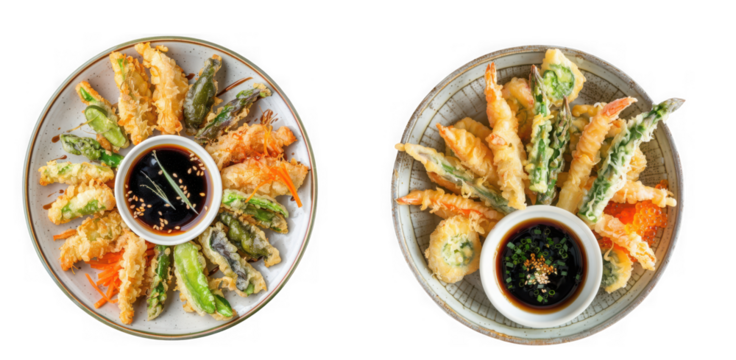 Two plates of assorted vegetable tempura, featuring crispy fried zucchini, asparagus, and carrots, served with dipping sauce, isolated on transparent background