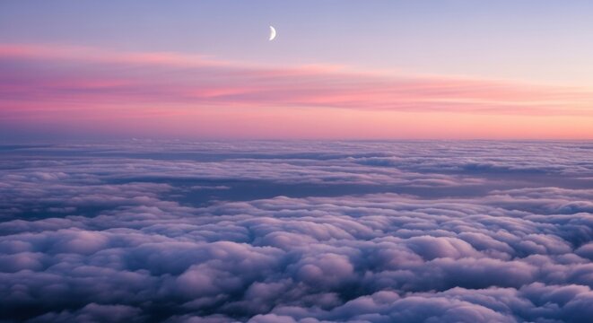 Aerial view above a sea of clouds at sunset. Crescent moon in a dreamy pastel sky. Heavenly skyscape for meditation and wellness. Metaphor for freedom and new beginnings