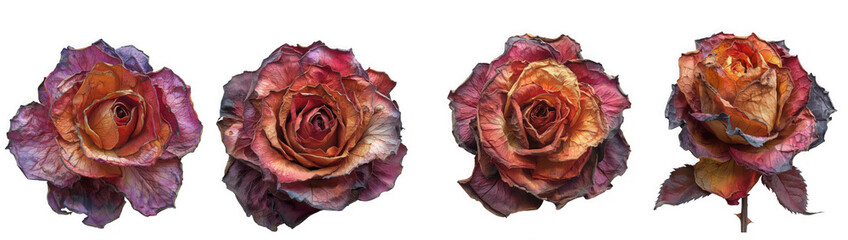Four dried roses in various stages of decay, isolated on transparent background