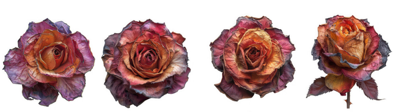 Four dried roses in various stages of decay, isolated on transparent background