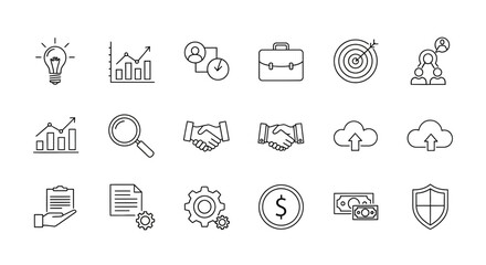 Modern business icons representing innovation, teamwork, strategy, and growth, perfect for presentations, websites, and marketing materials, scalable design