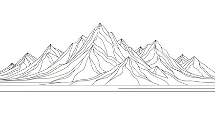 Dramatic mountain range line art illustration for adventure themes, perfect for logos, posters, and minimalist designs conveys serenity and natural beauty
