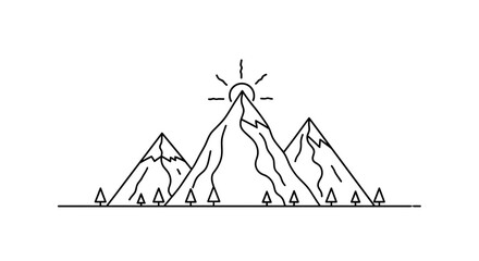 Stunning mountain range line art with minimalist sun and trees for branding, logos, and nature-inspired designs; originally created as scalable vector art