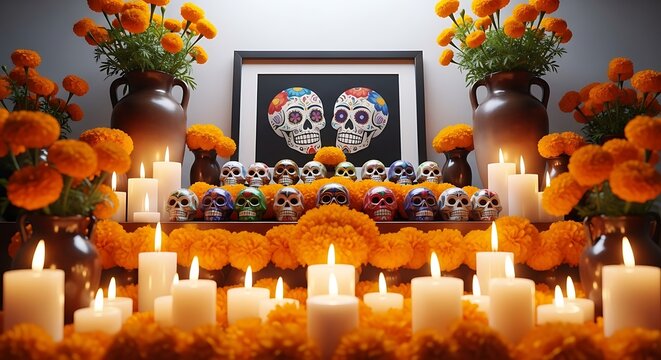 Day of the Dead Altar with Marigolds, Candles, and Sugar Skulls dia de los muertos ofrenda