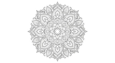 Intricate mandala design perfect for coloring books, meditation aids, or decorative patterns, radiating calm and balance with its symmetrical floral shapes