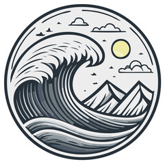 Fototapeta premium Stylized ocean wave with mountains and sun in a circular design