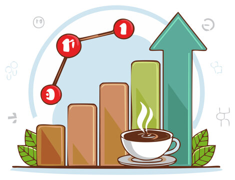 Growth Bar Chart with Steaming Coffee Cup and Molecule, Business Analytics and Development Illustration