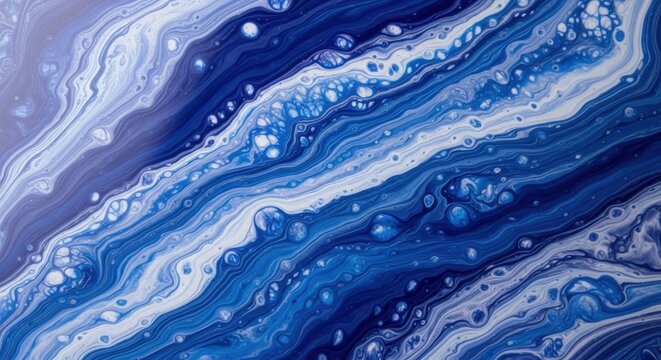 Abstract blue and white fluid art texture. Modern marbling effect with acrylic paint pour. Creative liquid ink flow with swirls and bubbles. Dynamic artistic wallpaper for design projects