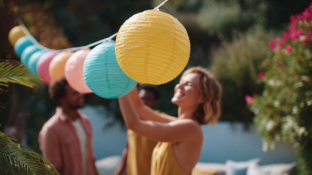 Joyful image of diverse friends decorating for a vibrant outdoor party. Festive mood, celebration, and community. Great for events, summer, and lifestyle concepts. - Powered by Adobe