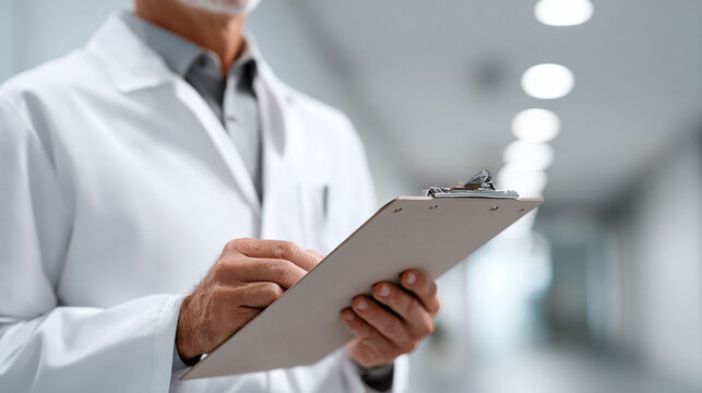 Doctor in lab coat making notes on clipboard. Ideal for healthcare, medical research, or professional services concepts. A symbol of expertise and precision.