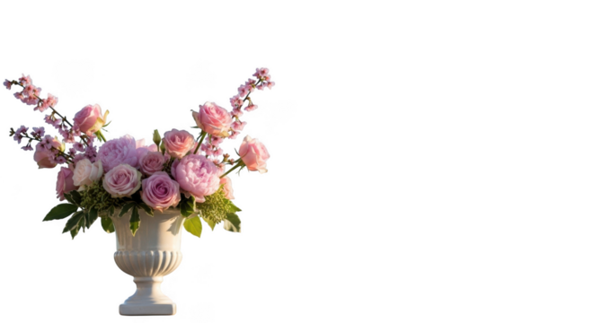 Elegant arrangement of pink and purple roses in a white urn