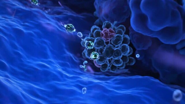 Microscopic view of bacteria and cells moving in fluid. Healthcare, medicine, biology and virus research concept. - Powered by Adobe