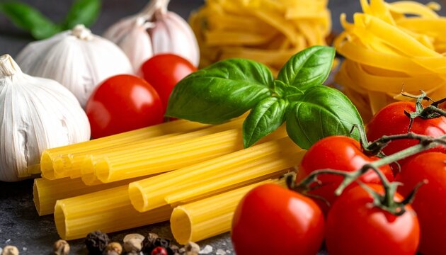 Macro of Pasta Ingredients. Close-up of uncooked pasta, cherry tomatoes, garlic, and basil leaves. Cooking Close Up Shot