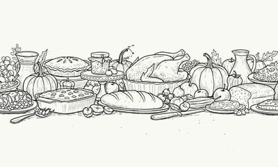 A delightful assortment of Thanksgiving foods and autumnal elements, hand-drawn in a vintage style
