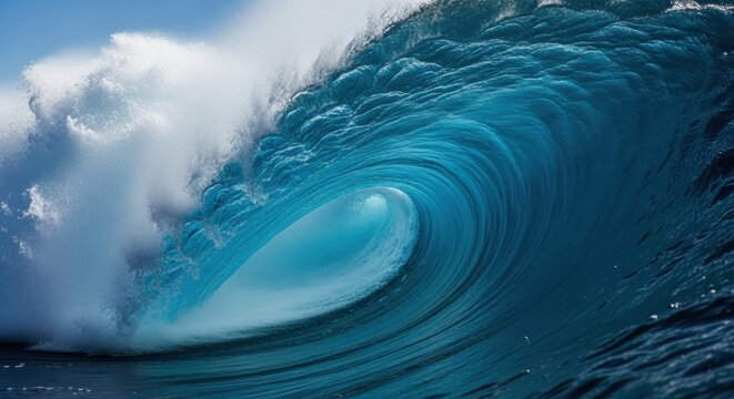 Powerful ocean wave curling into a perfect barrel. The raw force of nature and marine energy. Extreme surfing conditions and tropical sea scape. A visual metaphor for power and flow