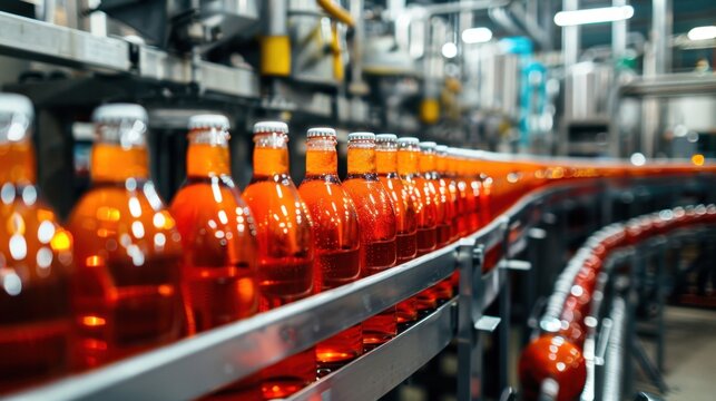 A production line with orange beverage bottles moving along a conveyor belt in a factory setting. Industrial machinery is visible in the background.