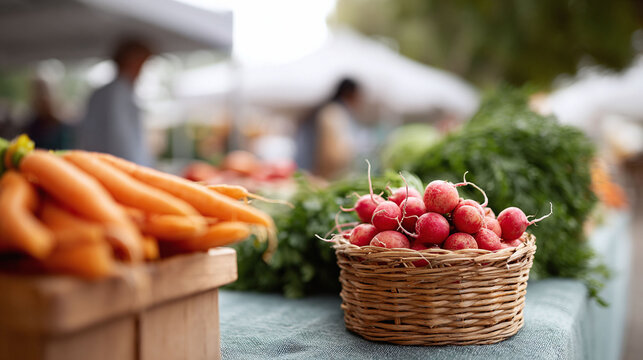 Fresh produce at a vibrant farmers market. Radishes in a basket, carrots, and greens showcase healthy, local food. Ideal for nutrition and lifestyle themes.