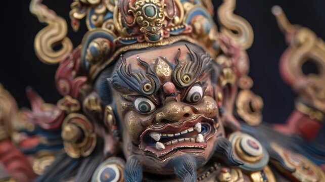A detailed sculpture of a fierce deity with multiple eyes and ornate decorations. The figure has a fierce expression and intricate features.