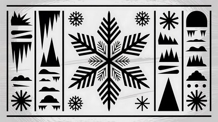 Collection of snowflake and icicle vector graphics isolated on white background