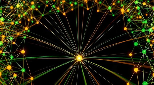 Glowing network connections of yellow and green nodes forming dynamic digital web on dark background. seamless looping 4k video background