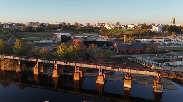 Aerial Drone View of Richmond Virginia Riverfront with Downtown Skyline in Background 4K