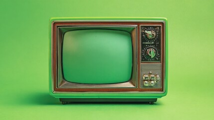 A retro television set features a bright green screen and wooden accents. It sits against a matching green background, symbolizing nostalgia and creativity in design.