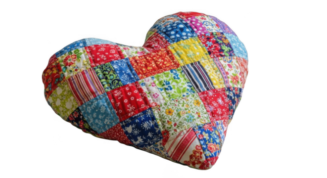 Colorful patchwork heart pillow on a black background