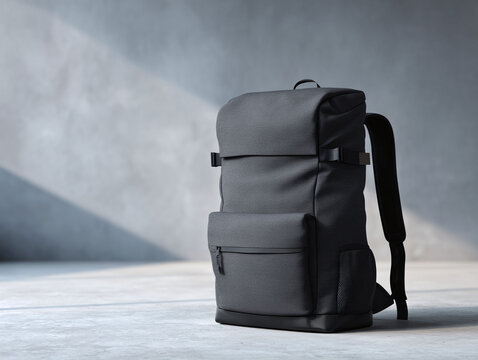 Sleek backpack against a concrete backdrop. Minimalist design conveying urban style, travel readiness, and preparedness. Ideal for lifestyle, product, or advertisement themes.