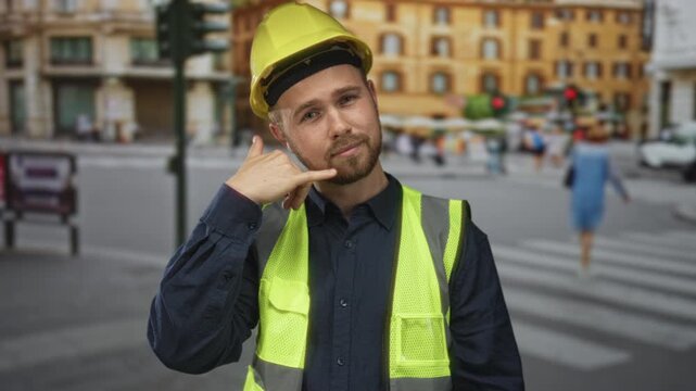 Man builder in hard hat and reflective vest points finger at camera on busy city street; call action confidence.
